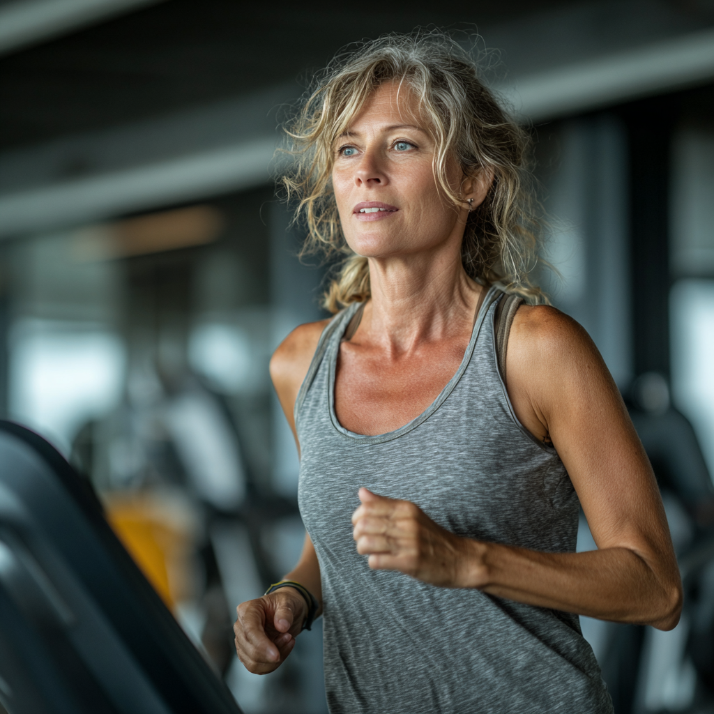 Жінка 52 роки бігає на біговій доріжці у фітнес центрі