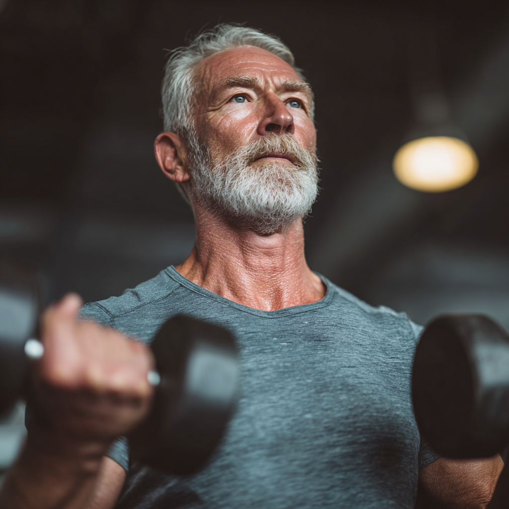 Чоловік 55 років виконує силові вправи з гантелями у спортивному залі