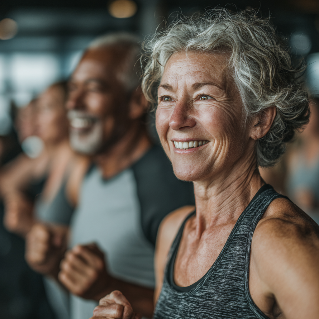 Група людей віком 50-60 років займається груповими тренуваннями